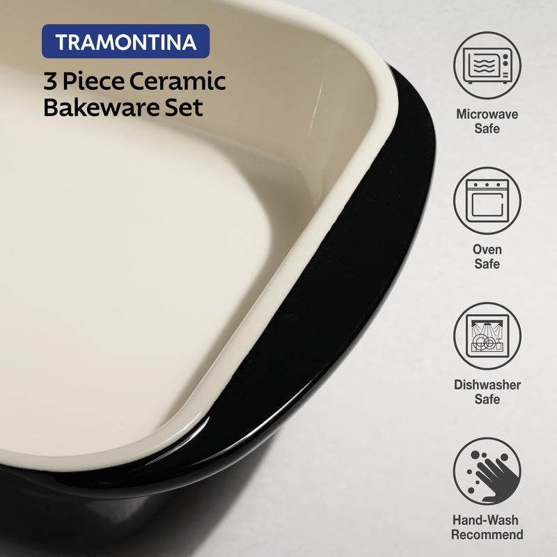 Tramontina 3-piece ceramic bakeware set with features on a light gray background.