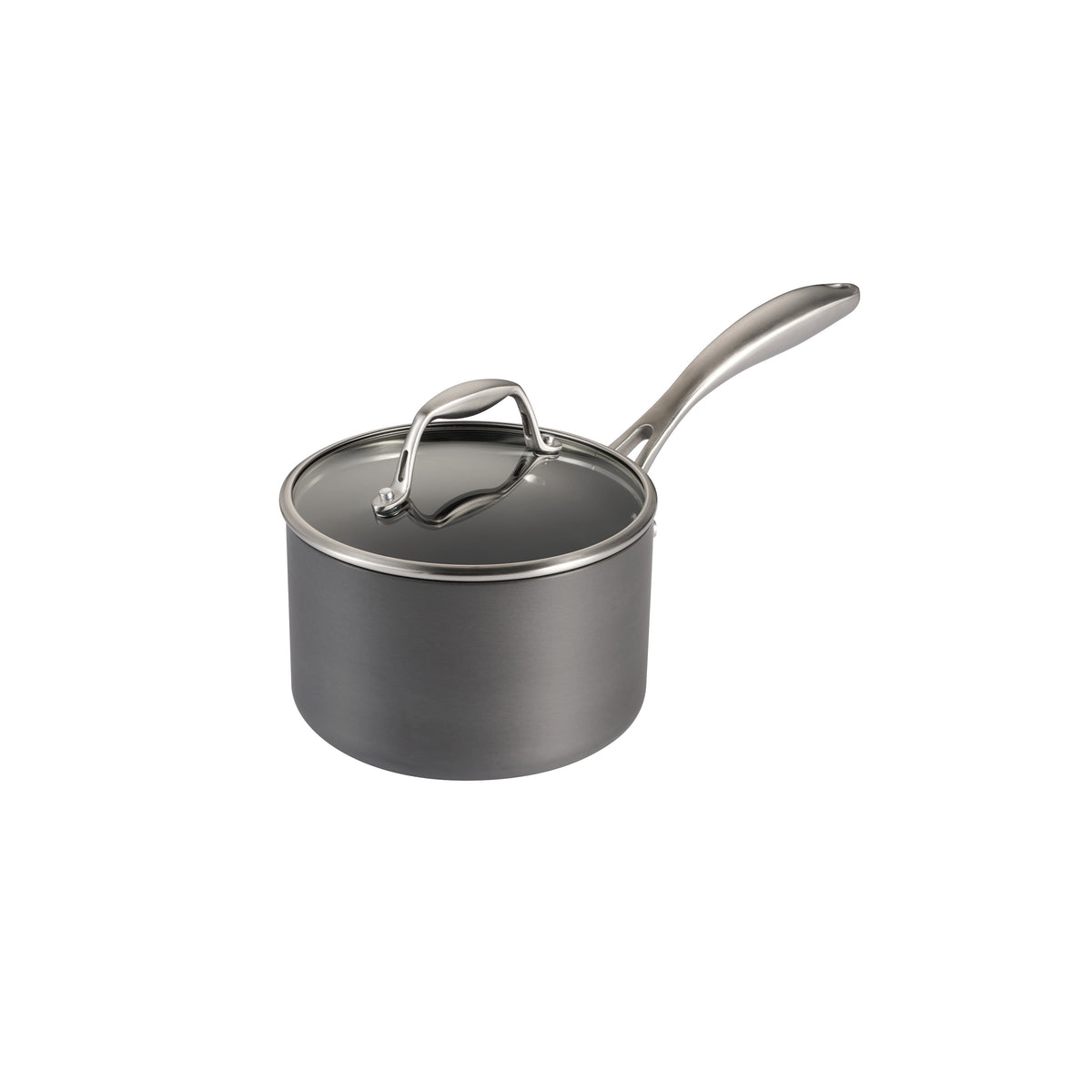 Gray saucepan with a lid on a white background