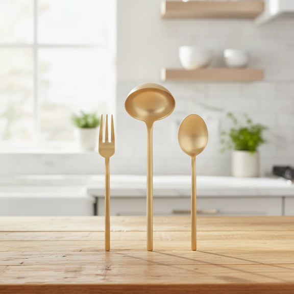 3 Pcs Serving Set (Fork Spoon And Ladle) Due Ice Oro | A product sitting on a rustic light-oak wooden kitchen table, cozy ambient lighting, with subtle blurred kitchen elements like a tiled backsplash or a green pla