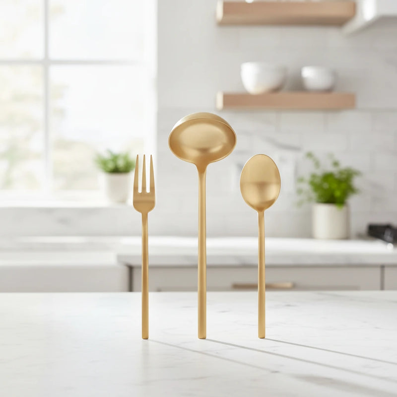 3 Pcs Serving Set (Fork Spoon And Ladle) Due Ice Oro | A product placed on a clean, modern white marble kitchen countertop, soft natural morning light coming from a window on the side, slightly blurred kitchen backg