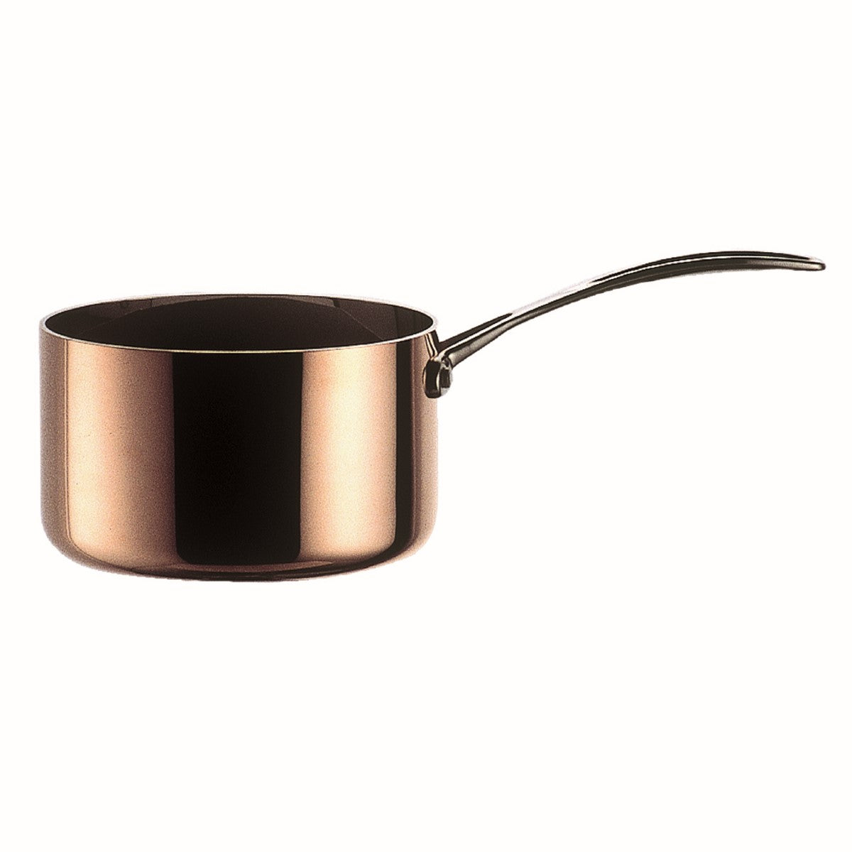Copper-colored saucepan with a black interior on a white background