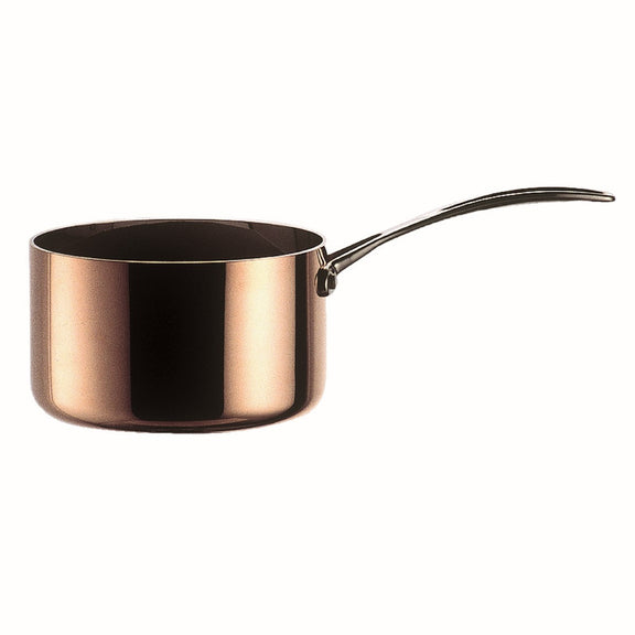 Copper-colored saucepan with a black interior on a white background