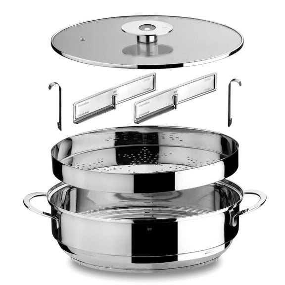 Stainless steel steamer with three tiers on a white background