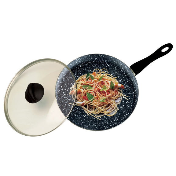Frying pan with a lid containing spaghetti on a white background