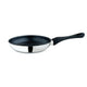 Frying pan with black speckled exterior and silver interior on a white background