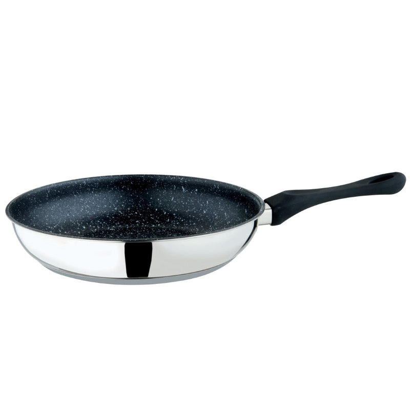 Frying pan with speckled non-stick surface on a white background