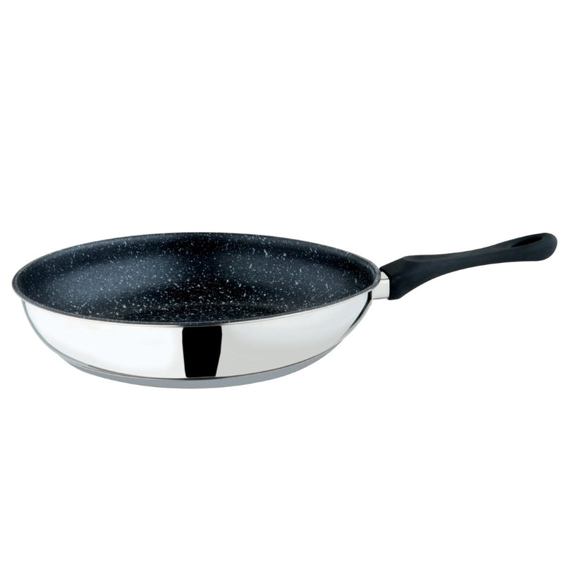 Frying pan with speckled non-stick surface on a white background