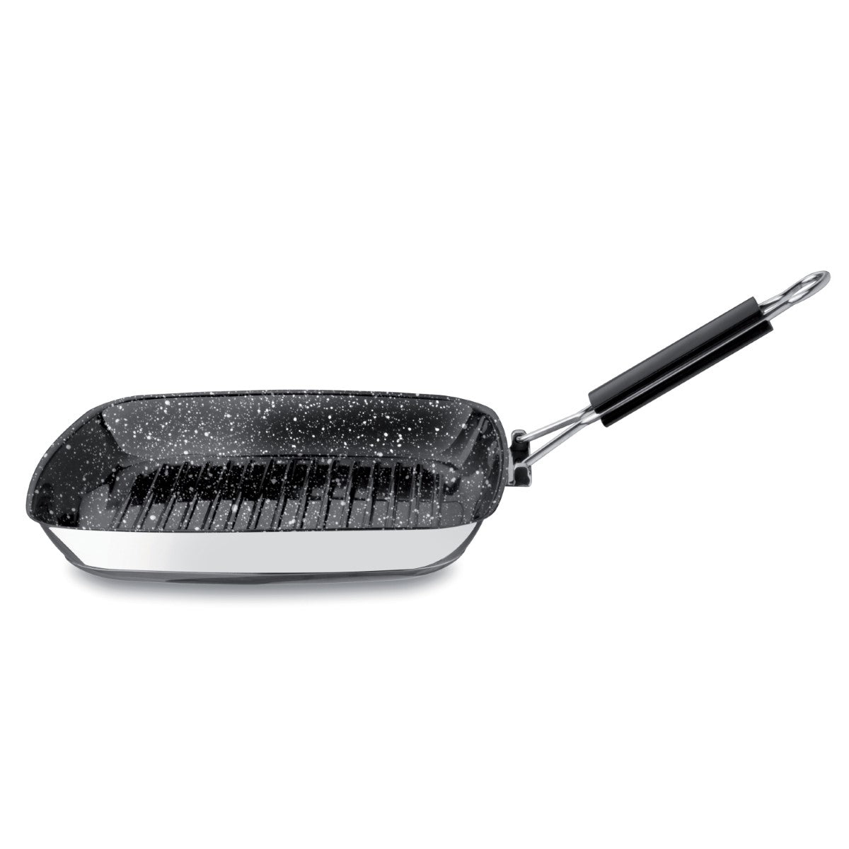 Black and silver grill pan on a white background