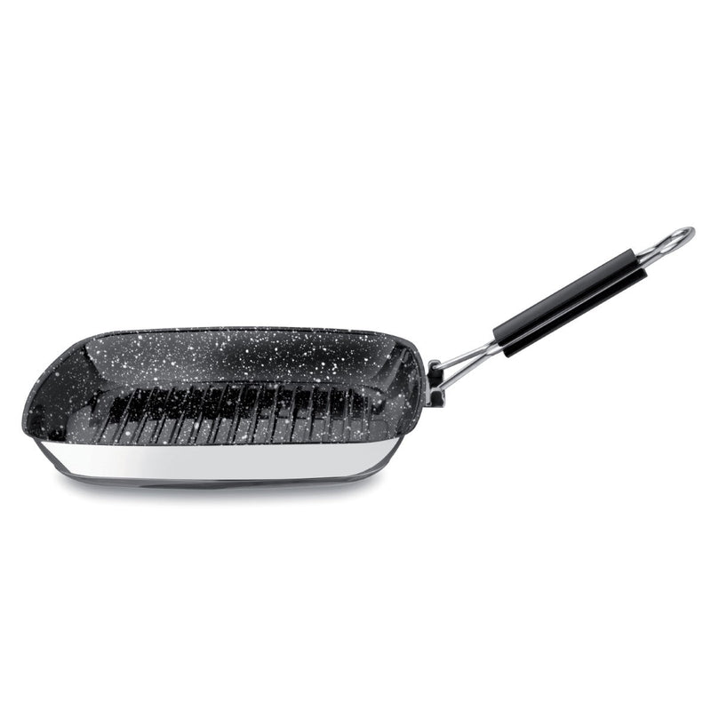 Black and silver grill pan on a white background