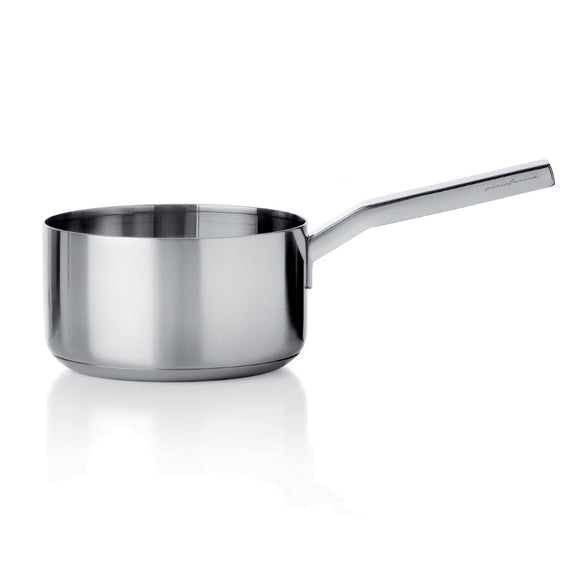 Stainless steel saucepan on a white background