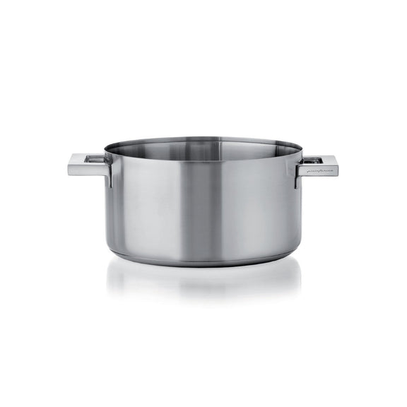 Stainless steel pot with handles on a white background