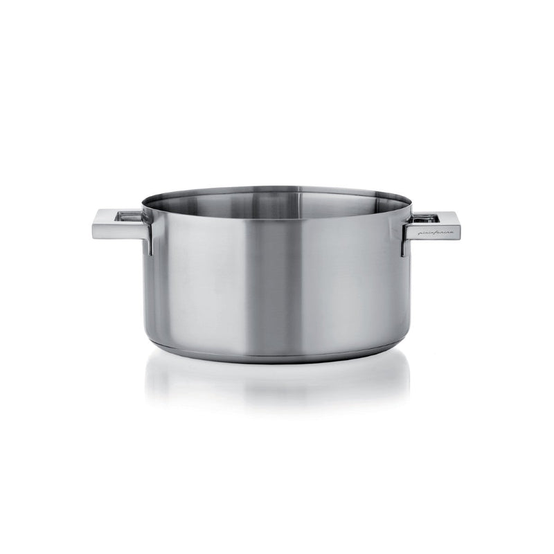 Stainless steel pot with handles on a white background