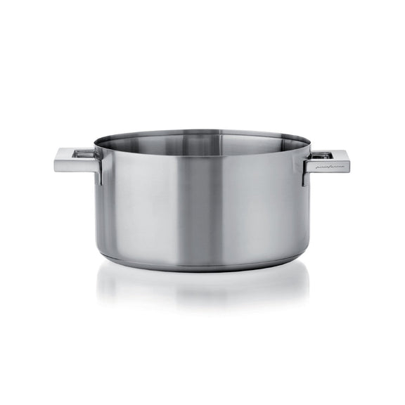 Stainless steel pot with handles on a white background