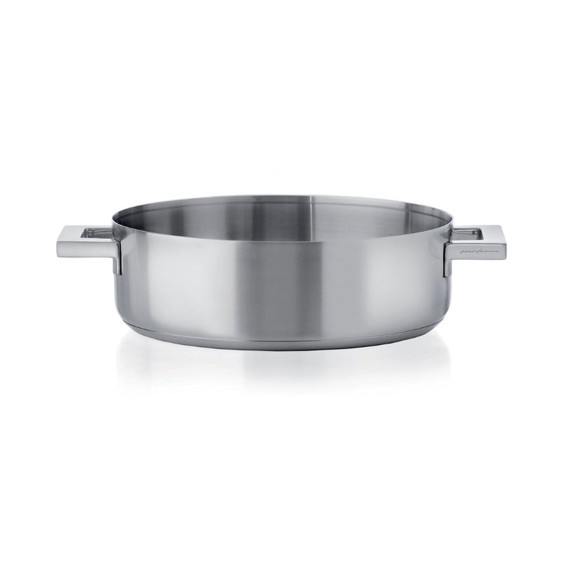 Stainless steel pot with handles on a white background