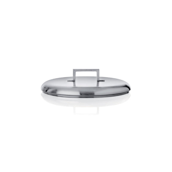 Stainless steel pot lid on a white background