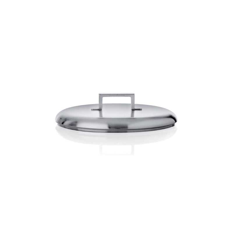 Stainless steel pot lid on a white background