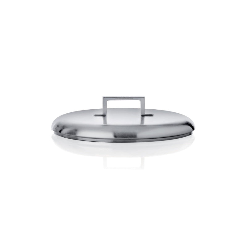 Stainless steel lid on a white background