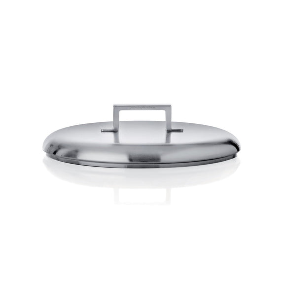 Stainless steel lid on a white background