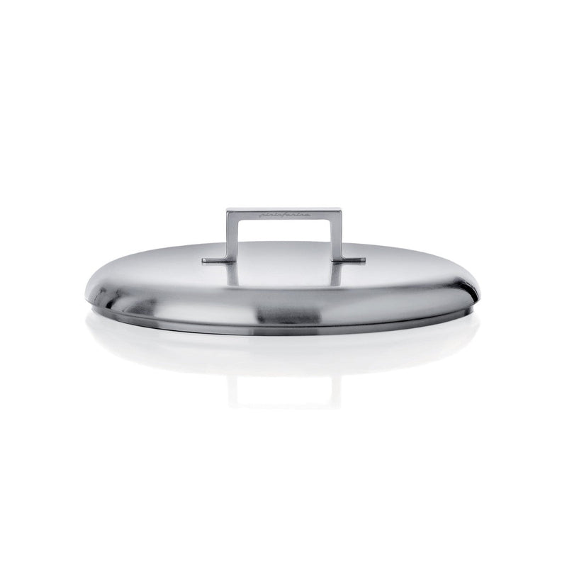 Stainless steel lid on a white background