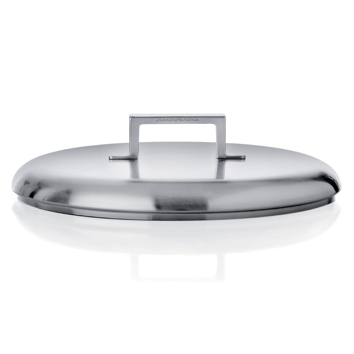 Stainless steel pot lid on a white background