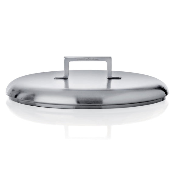 Stainless steel pot lid on a white background