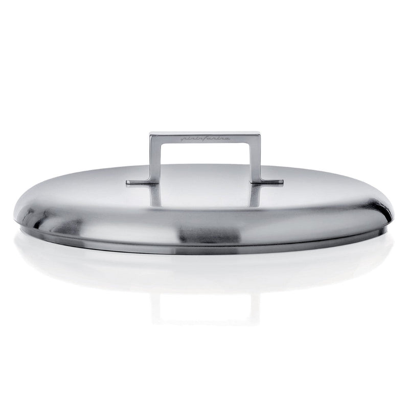 Stainless steel pot lid on a white background