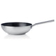 Stainless steel wok with a black interior on a white background