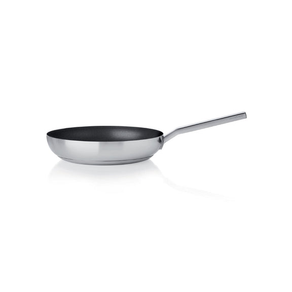 Stainless steel frying pan on a white background