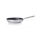 Stainless steel frying pan on a white background