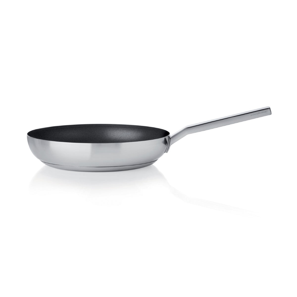 Stainless steel frying pan on a white background