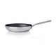 Stainless steel frying pan on a white background