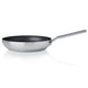 Stainless steel frying pan on a white background