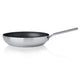 Stainless steel frying pan with a black non-stick surface on a white background