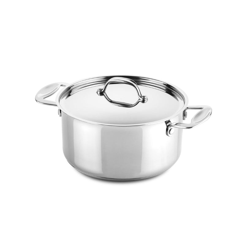Stainless steel pot with lid on a white background