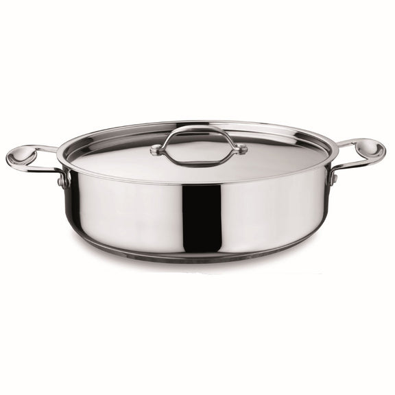 Stainless steel pot with lid on a white background