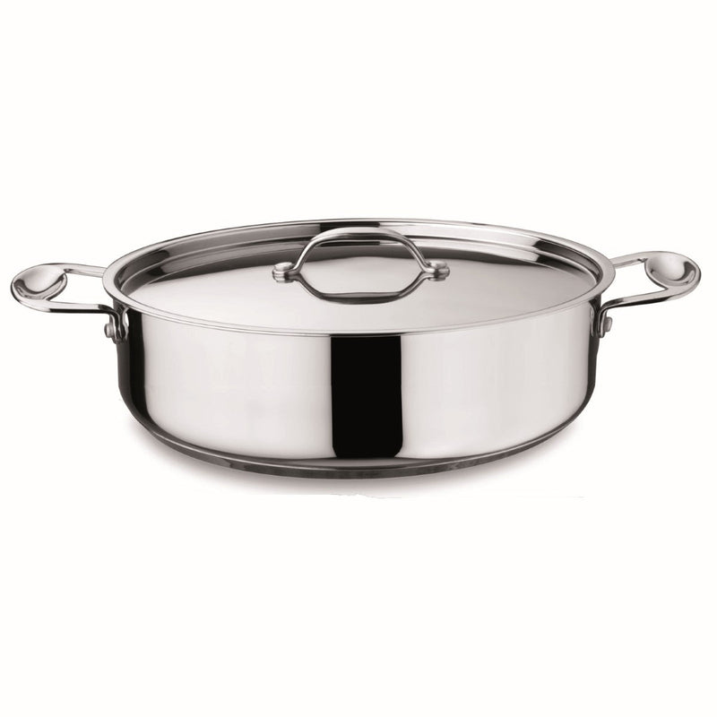Stainless steel pot with lid on a white background