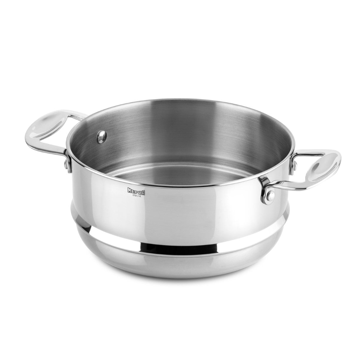 Stainless steel pot with handles on a white background