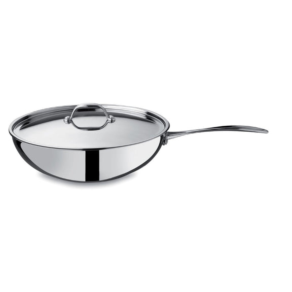 Mepra Stainless steel wok with lid on a white background