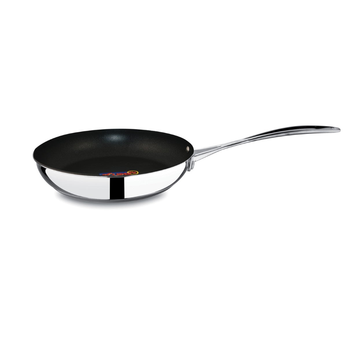 Black frying pan with a silver handle on a white background