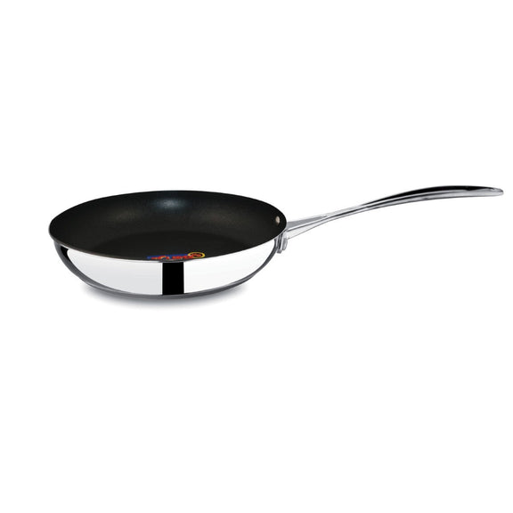 Black frying pan with a silver handle on a white background