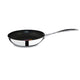 Black frying pan with a silver handle on a white background