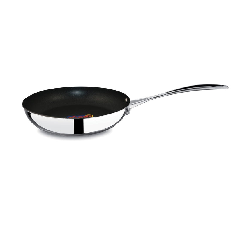 Black frying pan with a silver handle on a white background
