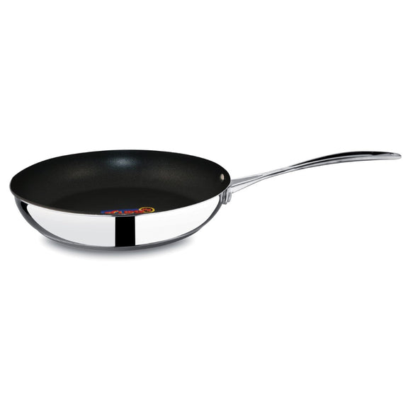 Black frying pan with a silver handle on a white background
