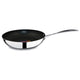 Black frying pan with a silver handle on a white background