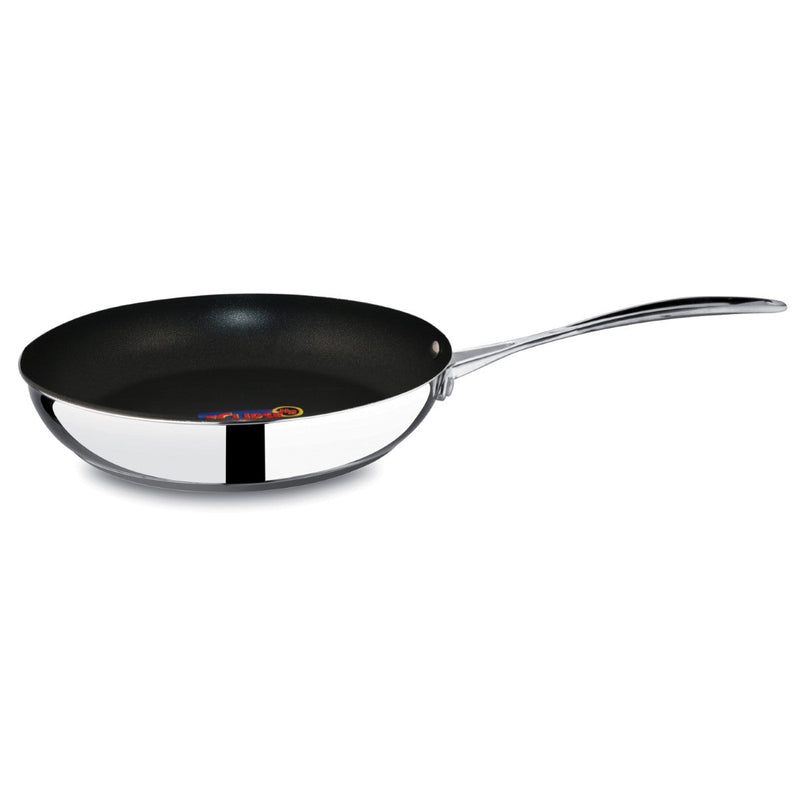 Black frying pan with a silver handle on a white background