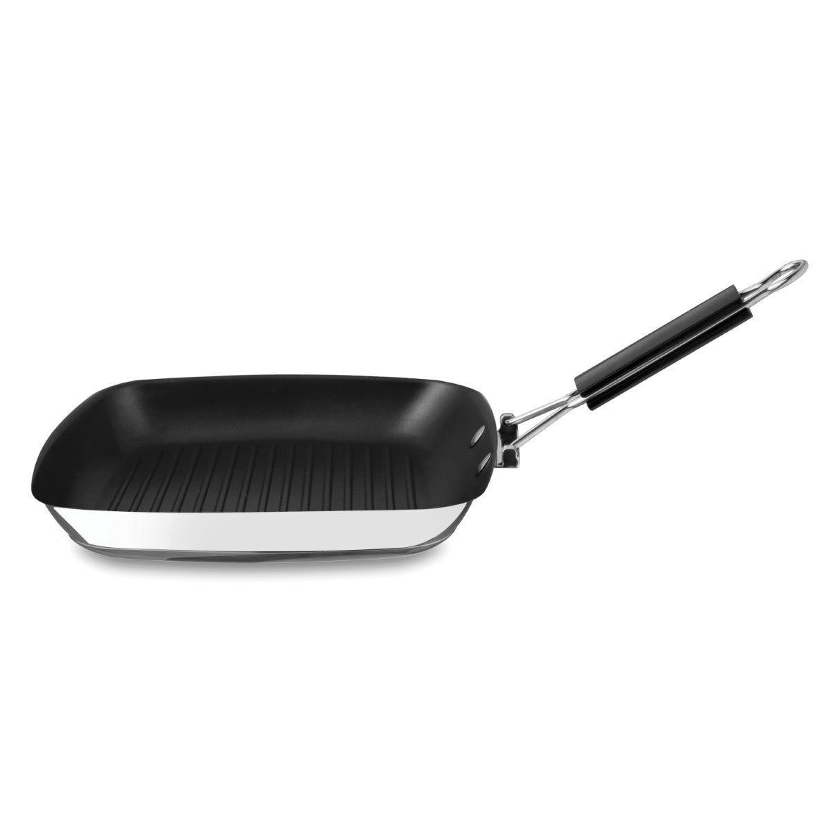 Black grill pan with a handle on a white background
