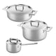Set of three stainless steel cookware pots with lids on a white background