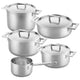 Set of stainless steel cookware with lids on a white background
