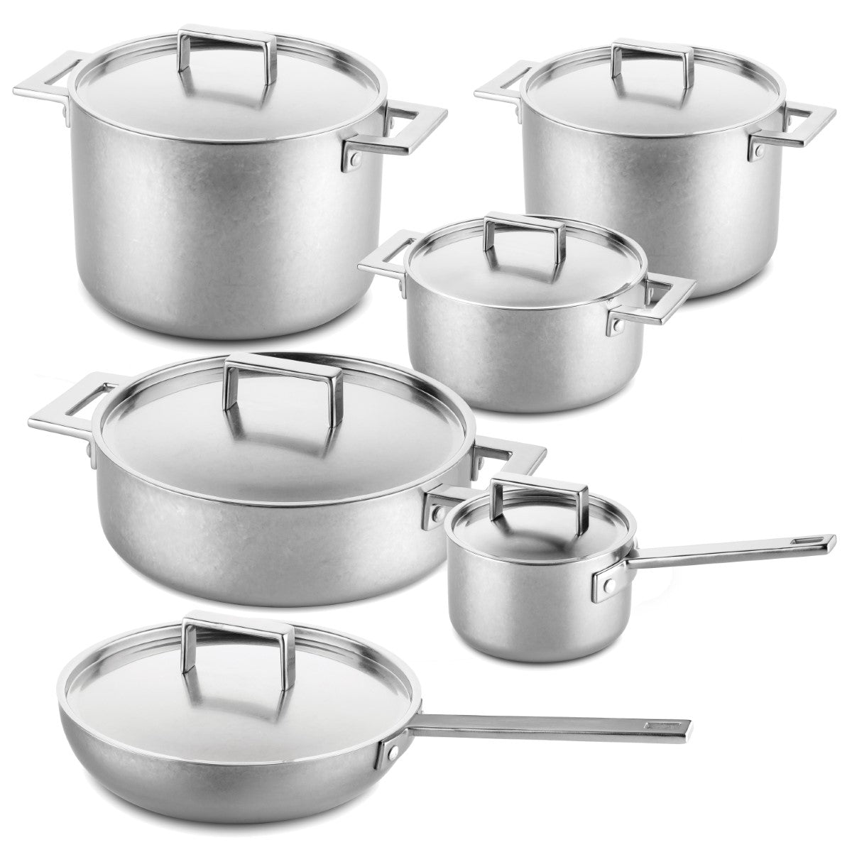 Set of stainless steel cookware with lids on a white background