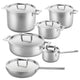 Set of stainless steel cookware with lids on a white background
